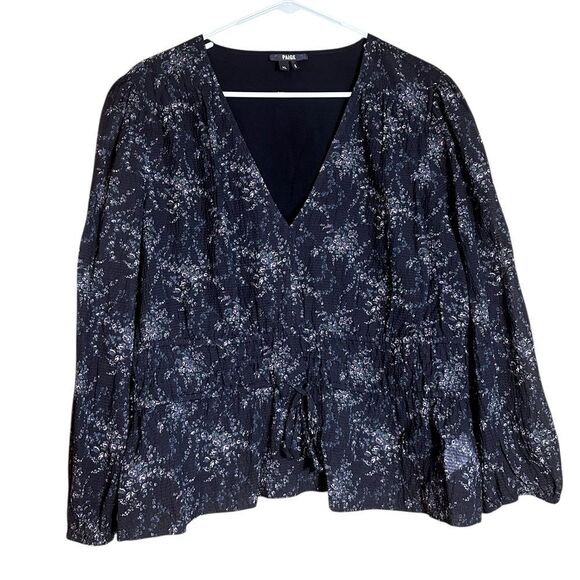 PAIGE Osaka Black Multi Long Sleeve Floral Silk Blend Top Size XL 📦 - Picture 2 of 10